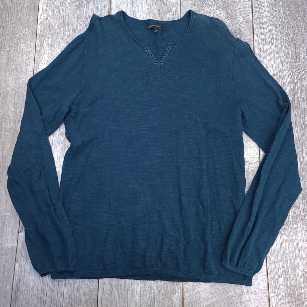 John Varvatos Mens XL Linen Blend V-Neck Long Sleeve Shirt Blue Teal Lightweight